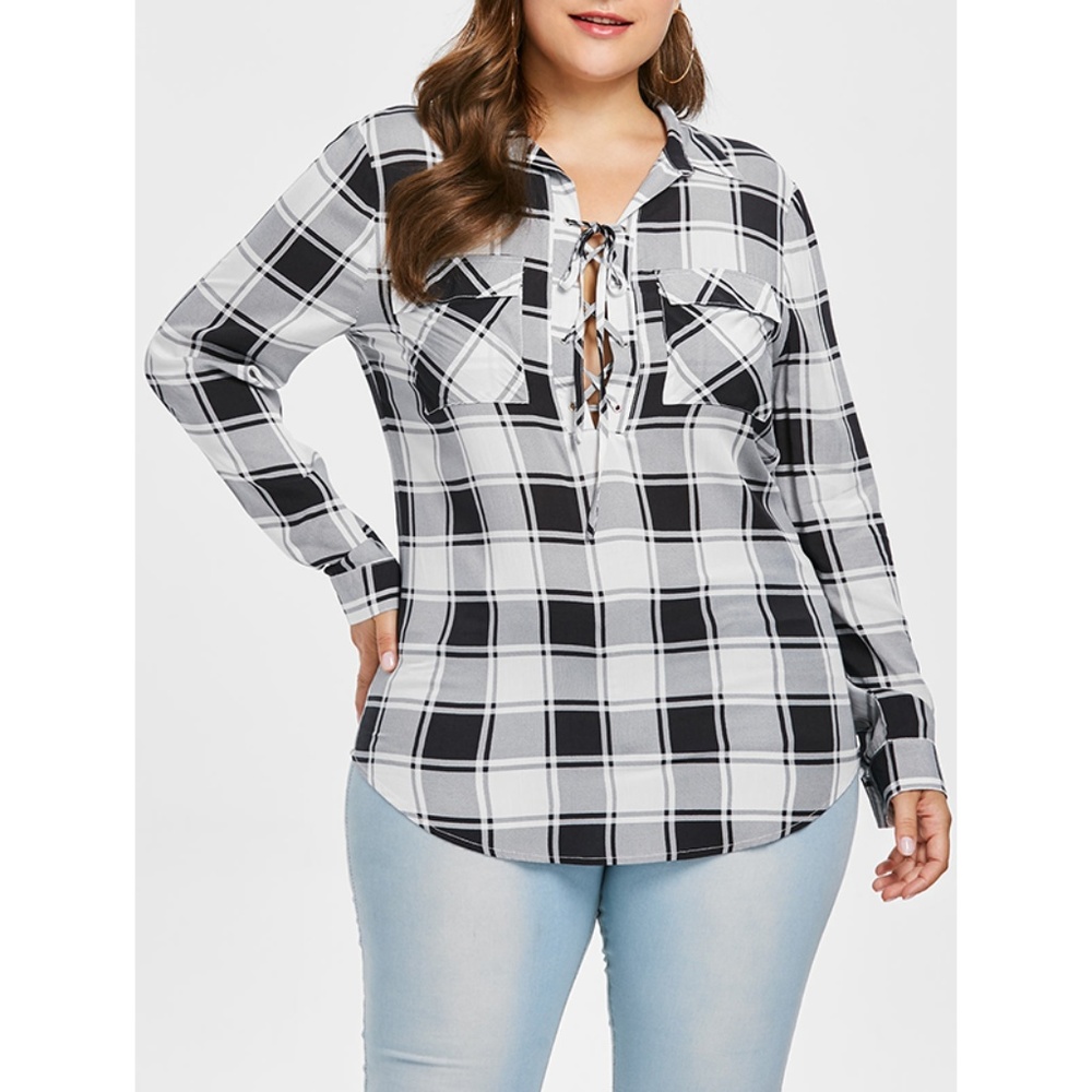 ⭐ Plus Size Lace Up Plaid Blouse ⭐